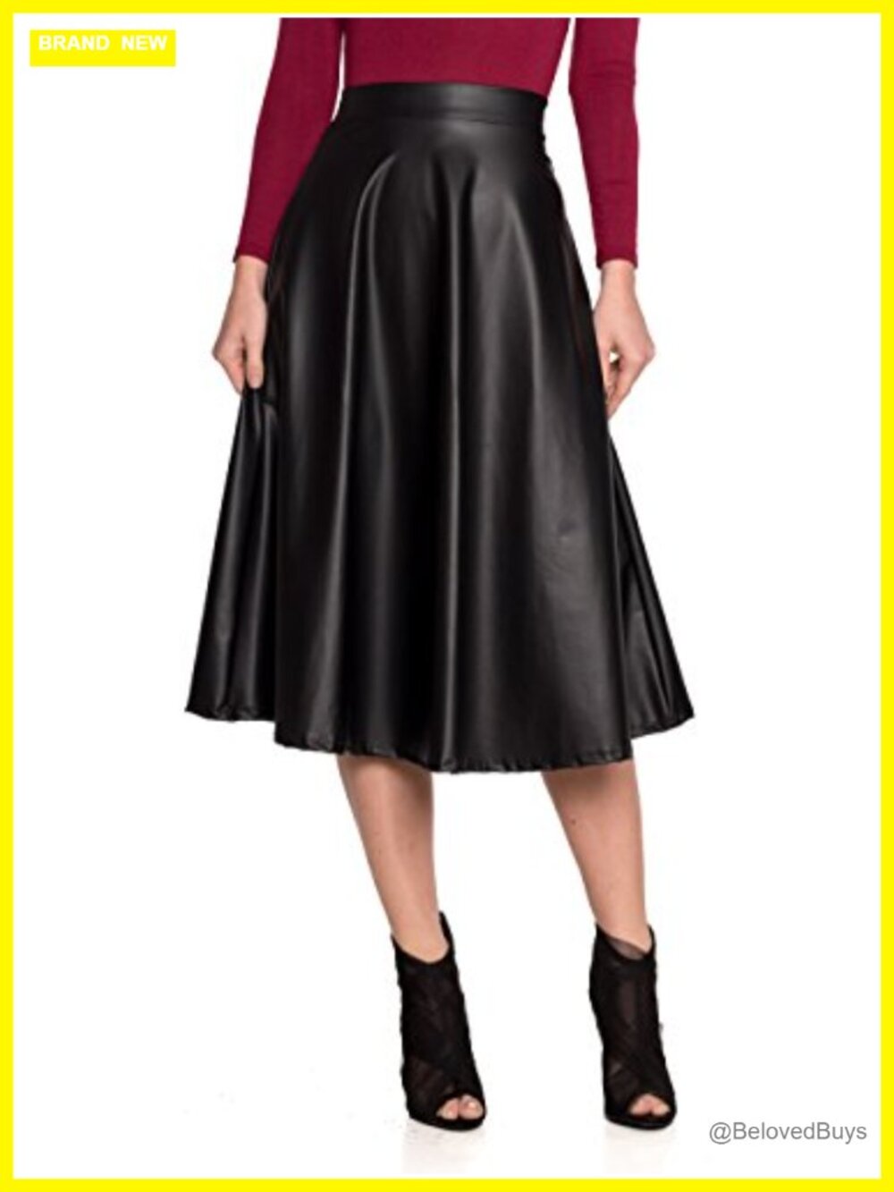 Faux Leather Flare Skirt A-Line High Rise Pull On